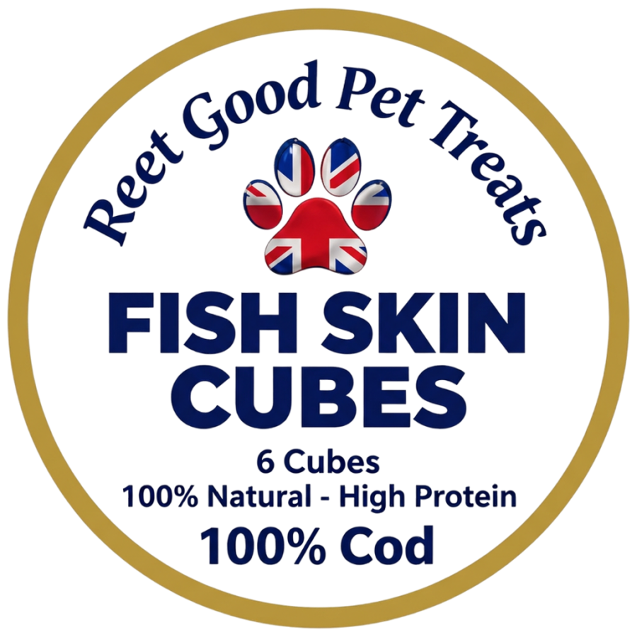 Label for Reet Good Pet Treats Fish Skin Cubes with a British flag design