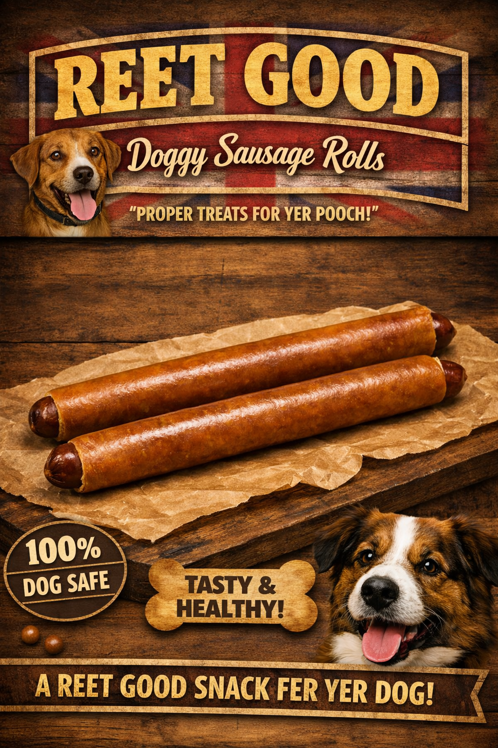 Advertisement for Reet Good Doggy Sausage Rolls with two sausage rolls on a wooden surface.