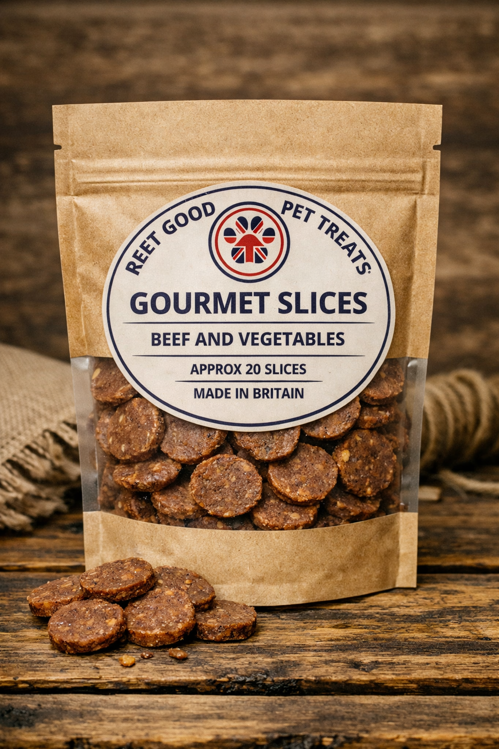 Bag of 'Reef Good Pet Treats' Gourmet Slices with beef and vegetables on a wooden surface.